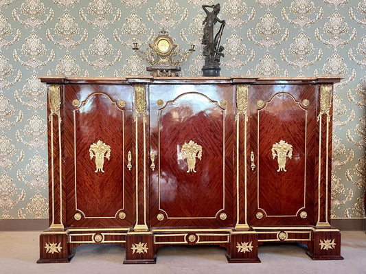 Deluxe Wooden Cabinet Antique Baroque Style with Camel Color Marble Top & Bronze Ornaments Huge Cupboard for Home Decor or Lodge Hotel Decor