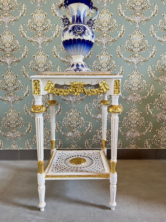 Side Table Marble Top Wooden Coffee Table Retro Baroque Style in White Color Partially Gold Foil Decor Coffee Table for Home Decor