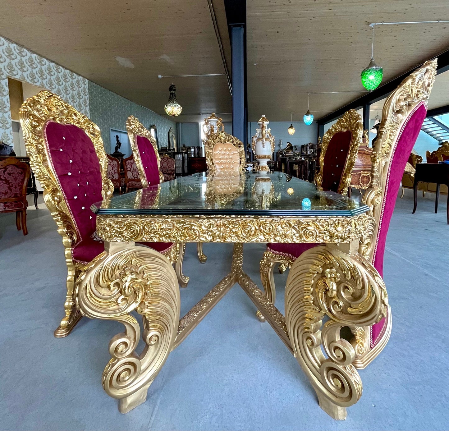 Huge Dining Table Glass Top Extra Long Table Royal Baroque Style Glass Top Table in Gold Finish for Big Family or Hotel Decotation