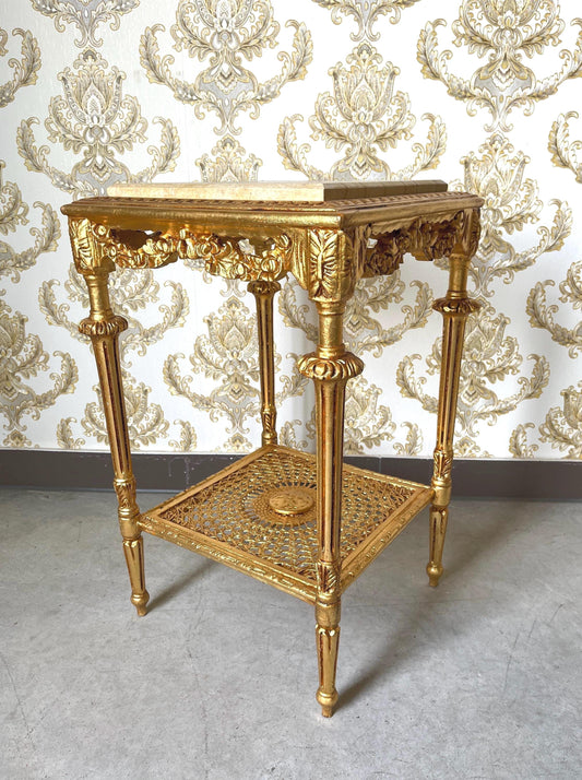 Side Table Gold & Beige Color Marble Top Retro Baroque Style Wooden Coffee Table, Gold Tea Table in Gold Finish for Home Decor