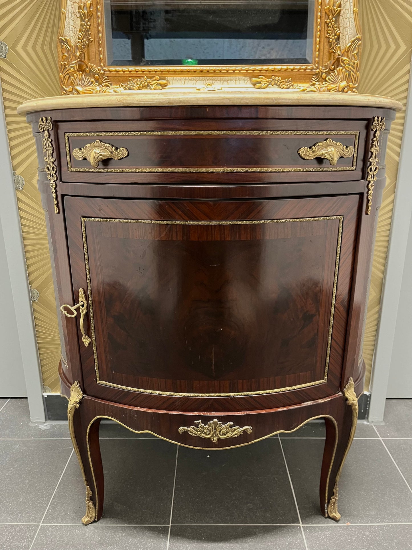 Washbasin Cabinet with Mirror Set French Baroque Style Marble Top Washbasin Cabinet Retro Home Decor in Brown