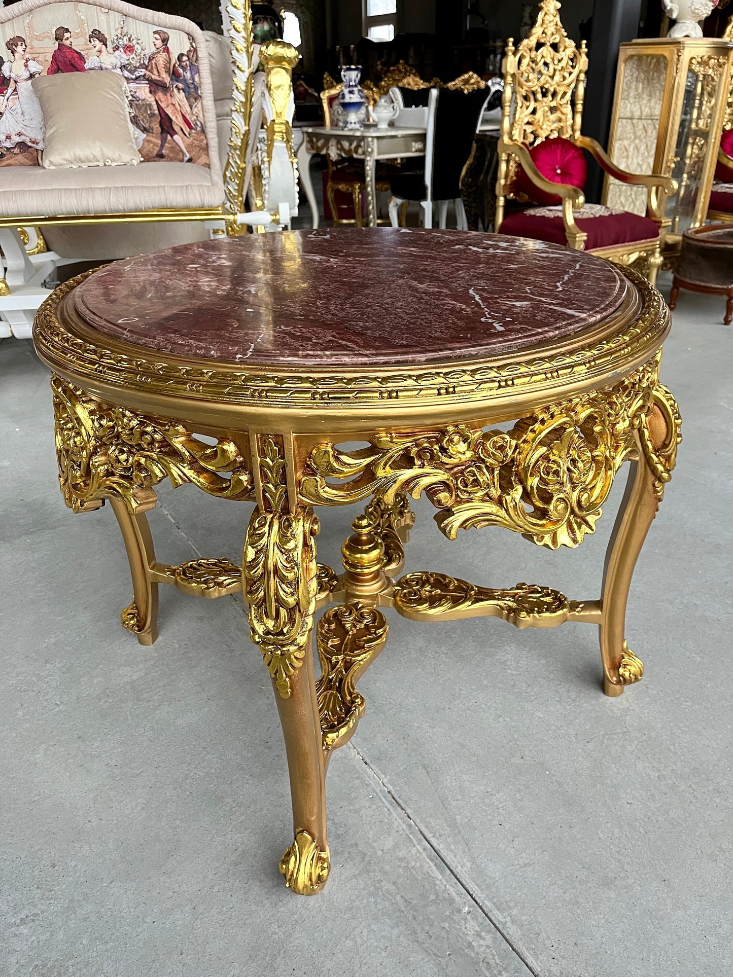 Round Table Retro Baroque Rococo Style Marble Top French Antique Style Wooden Table Gold Finish for Home Decor
