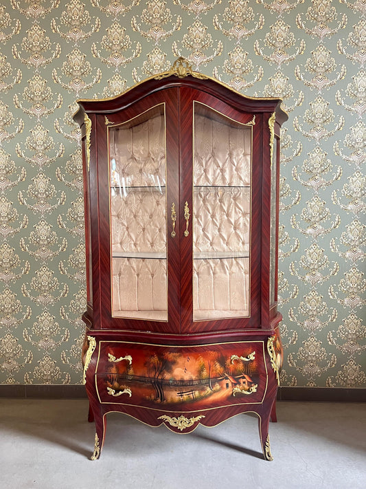 Vitrine Retro Baroque Style Display Cabinet French Louis Style Wooden Glass Showcase in Brown Color Hand painted Front for Home Decoration