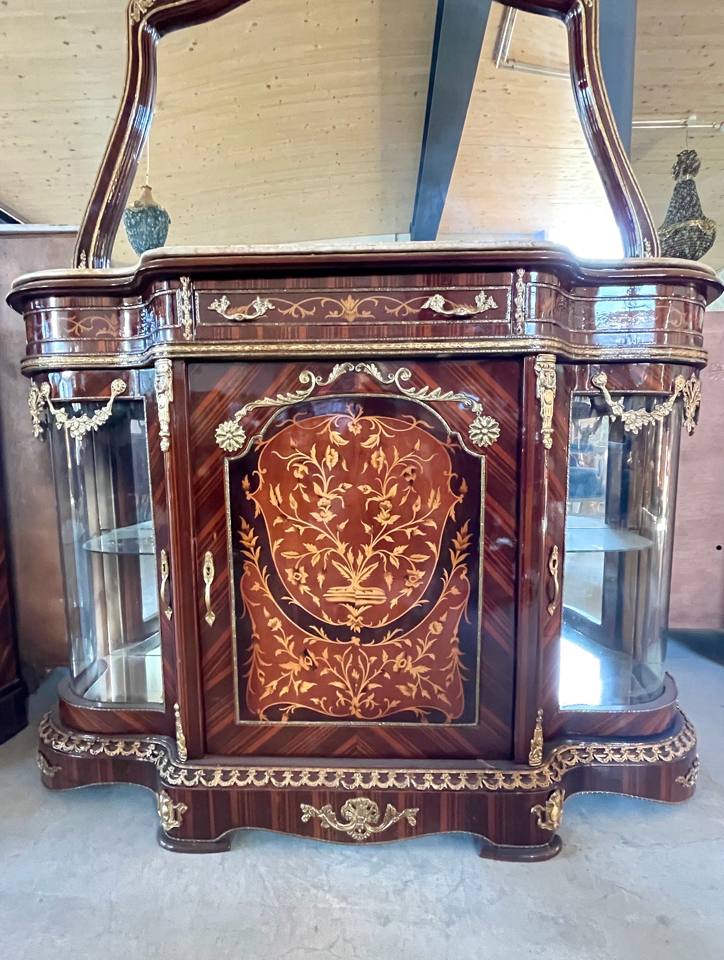 Mirror Glass Cabinet Wall Console in Nostalgic Antique Style with Marble Slab at Top Retro Baroque Style Wall Cabinet with Mirror