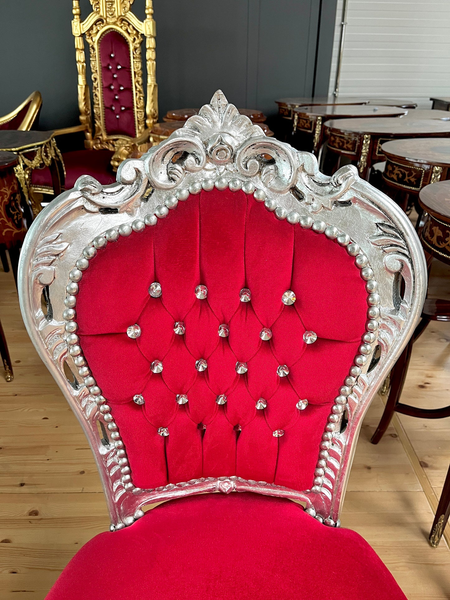 French Baroque, Rococo, Barock Essensstuhl, Antique Style Chair- Silver Red