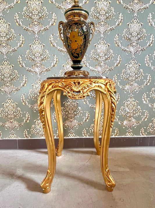 Round Side Table French Louis Antique Style Handmade Side Table with Brown Marble Top Retro Baroque Style In Gold Finish for Home Decor