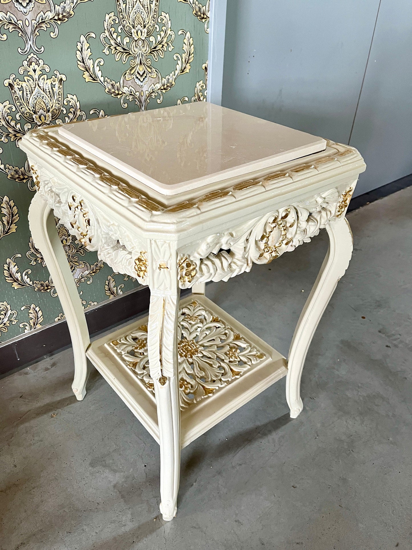 Square Side Table Marble Top in Retro Baroque Rococo Style in Beige or Gold Finish