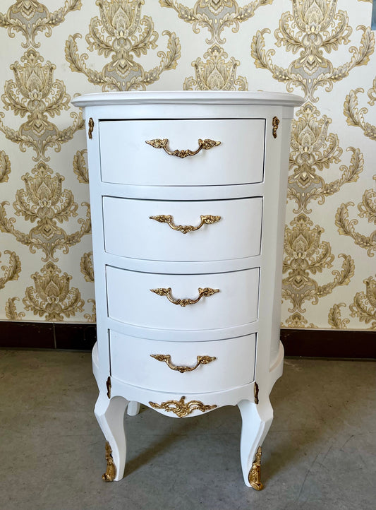 Night Stand White Color Baroque Chest of Drawers with Brass Handles Round Bedside Table Nostalgic French Style Night Stand for Bedroom Decor