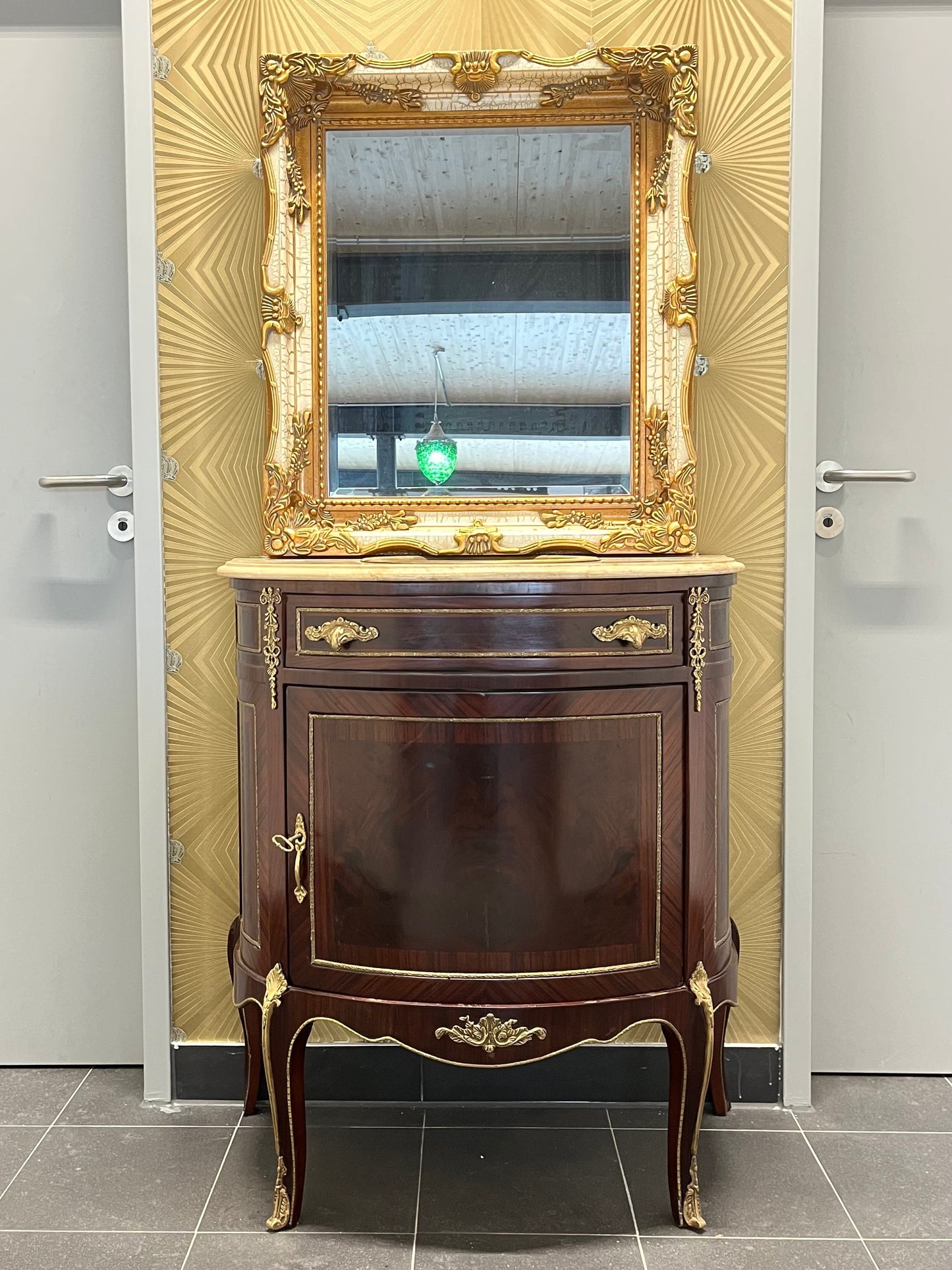 Washbasin Cabinet with Mirror Set French Baroque Style Marble Top Washbasin Cabinet Retro Home Decor in Brown