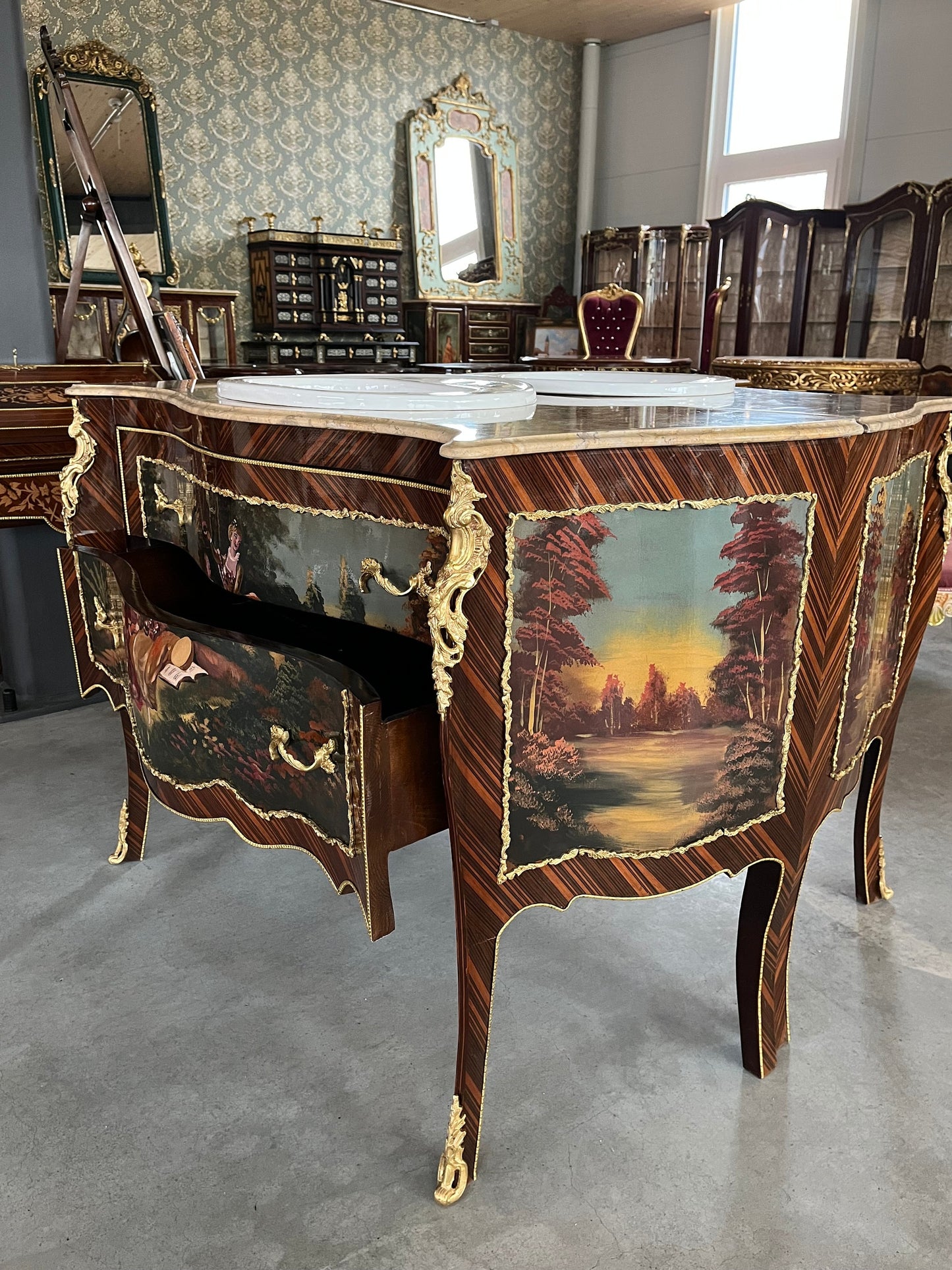 Sink Cabinet French Antique Style  Handpainted Oil Painting Surface Retro Baroque Style Home Decor with Ceramic Sink Top for Bathroom Decor