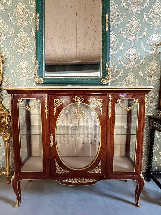 Showcase Wood Marble Brass Home Decor French Baroque Style Marble Top Wood Showcase French Louis XV Style Showcase Antique Style for Home