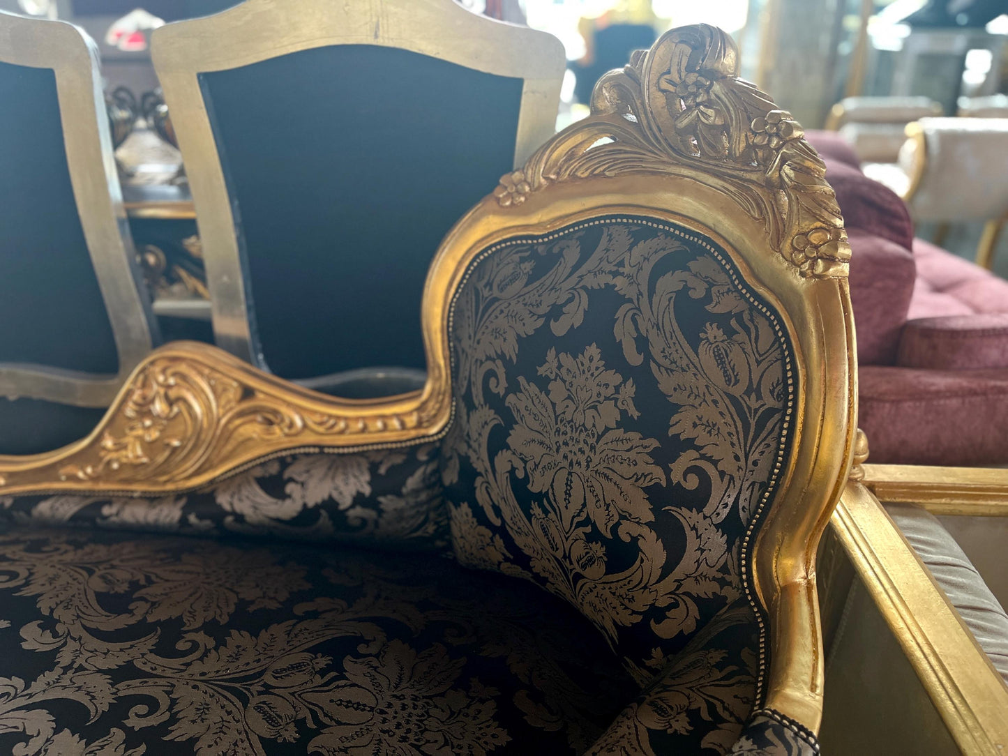 Chaise Longue French Louis Style in Black Floral Fabric Retro Baroque Style Bench in Gold Finish for Home Decor