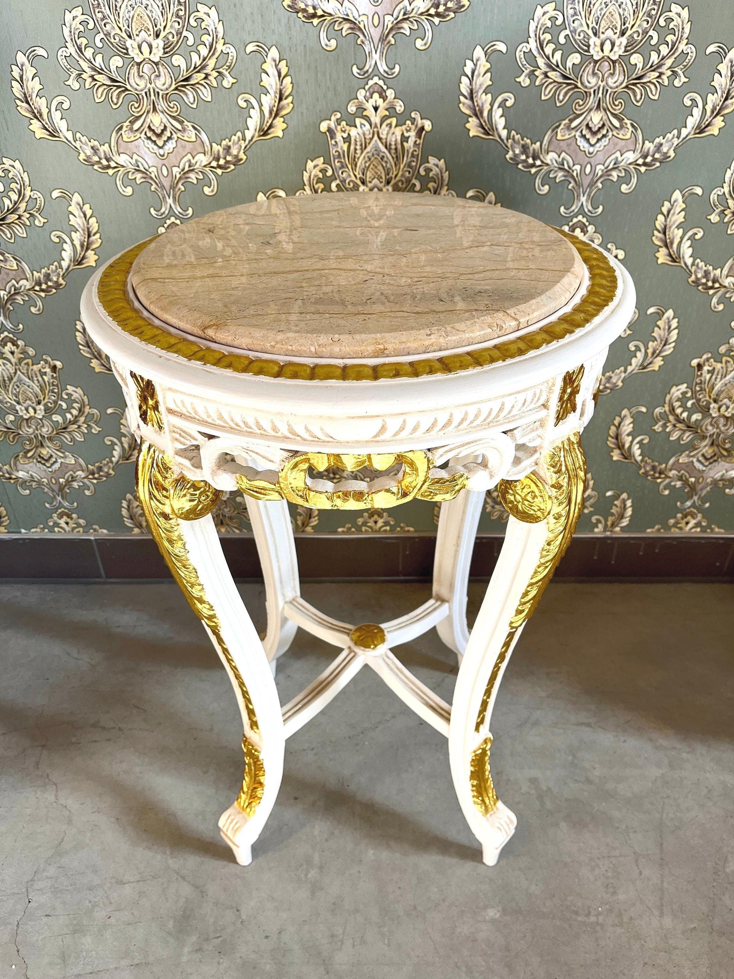 Side Table French Baroque Style with Marble Top Lamp Table Coffee Table Retro Antique Style White Finish Beige Marble for Home Decor