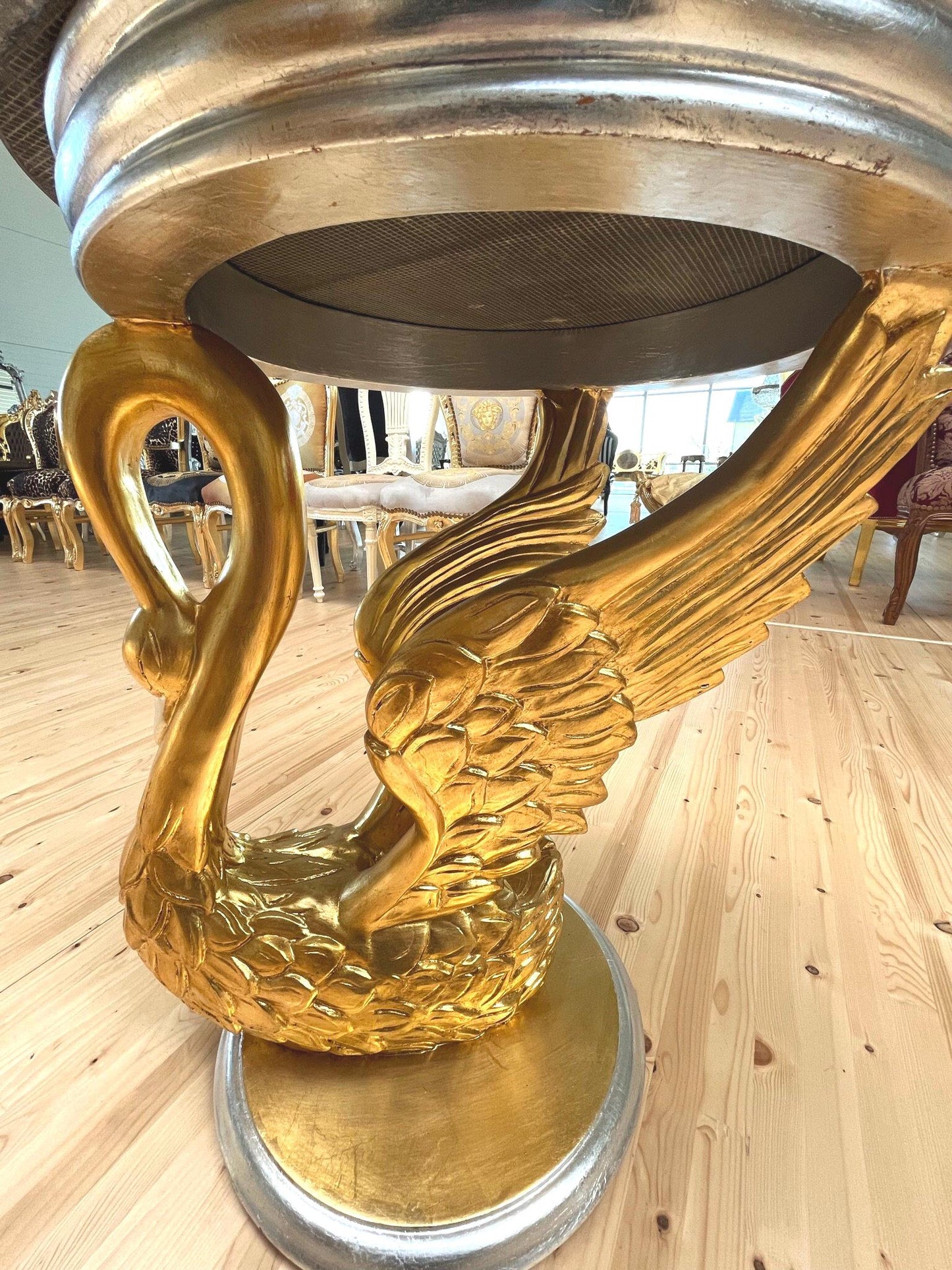 Royal Baroque Side Table Black Marble Top Round Cafe Table Silver Luxurious Side Table Gold Swan Stand & Marble Top for Living Room Decor