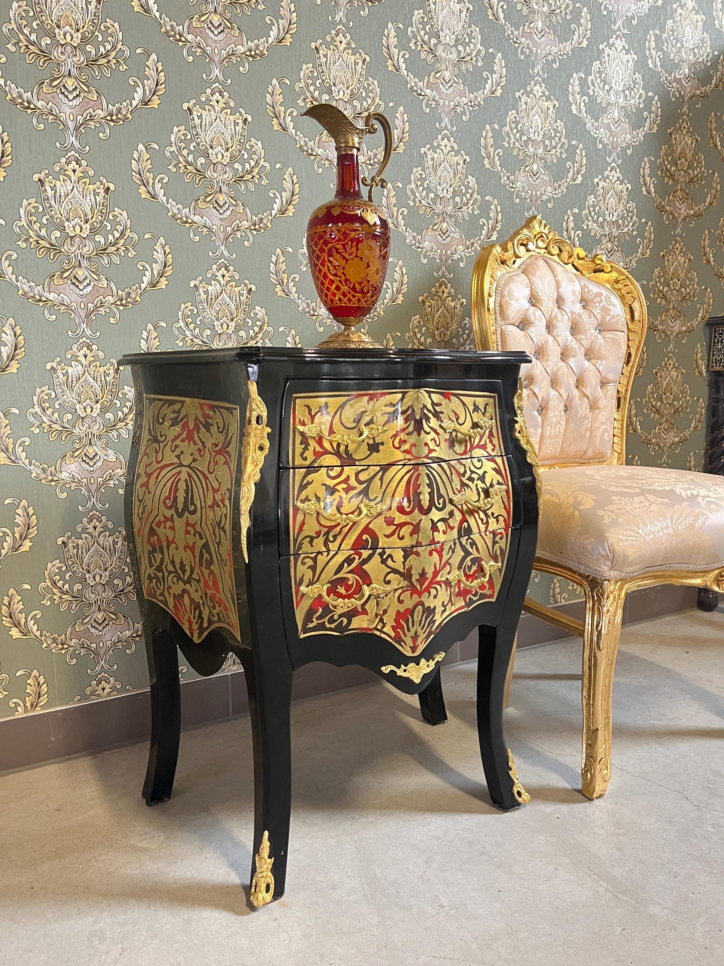 Luxury Chest of Drawers French Rococo Style Handmade Night Stand Gold Painting Front Display Side Table With Bronze Handles  for Home Decor