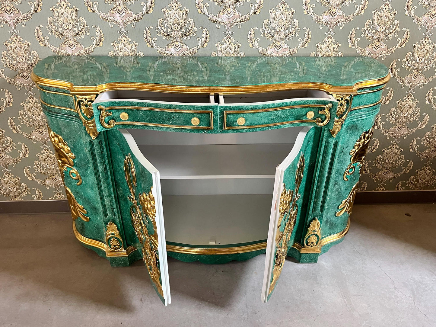 Huge Wooden Cabinet Antique Baroque Rococo Style in Emerald Green Huge Cupboard for Home Decor or Commercial Store Display