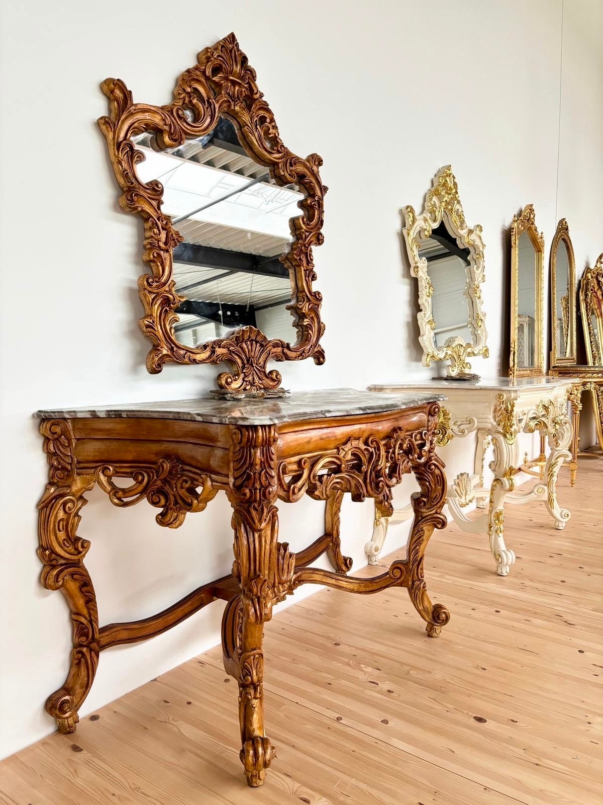 Console Table Mirror French Antique Style with Grey Marble Slab Top Console Table Retro Baroque Rococo Style in Gold Finish for Home Decor
