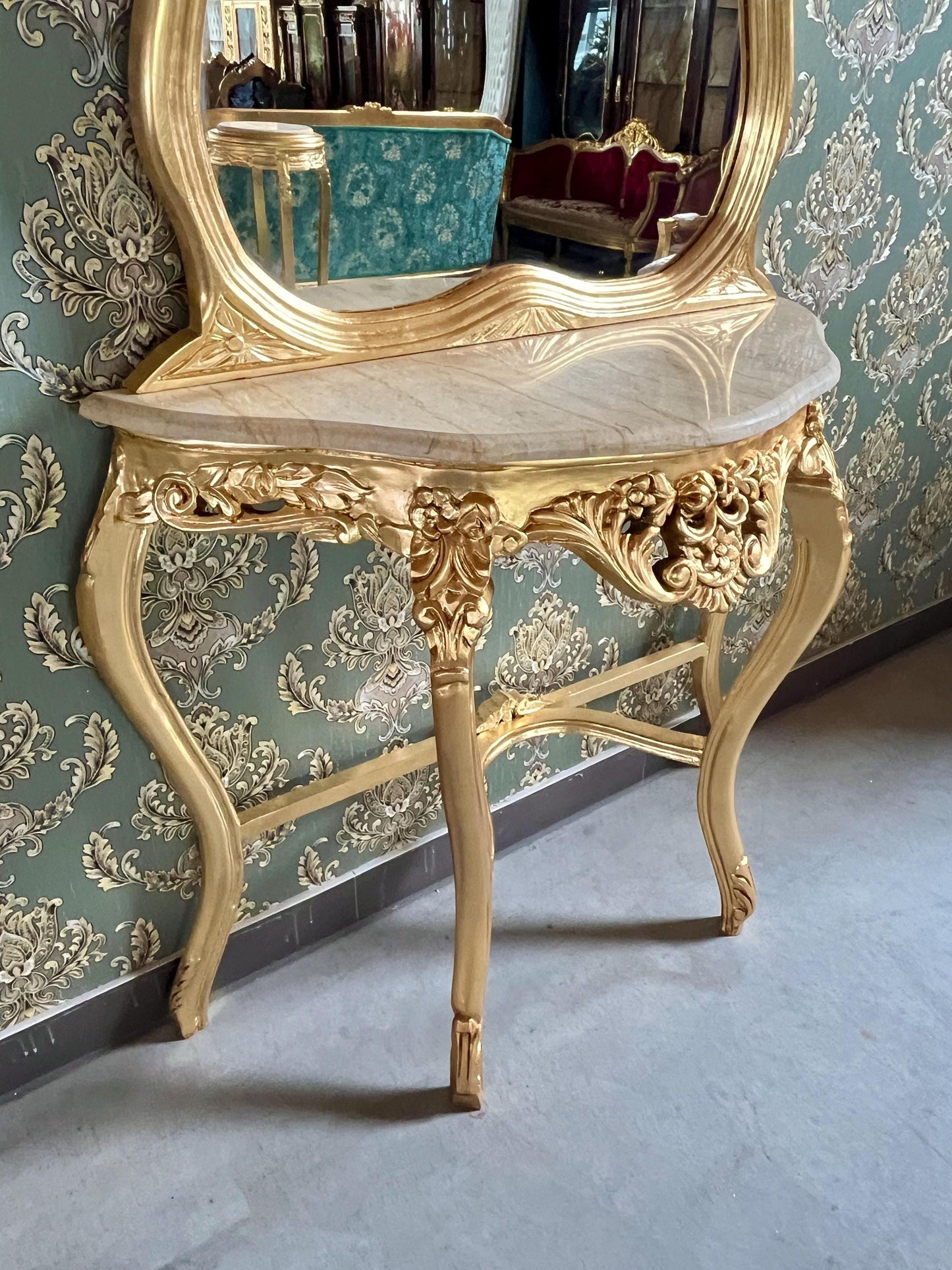 Table Console & Mirror Retro Baroque Style with Beige Marble Top Handcrafted Wooden Table in Gold Finish