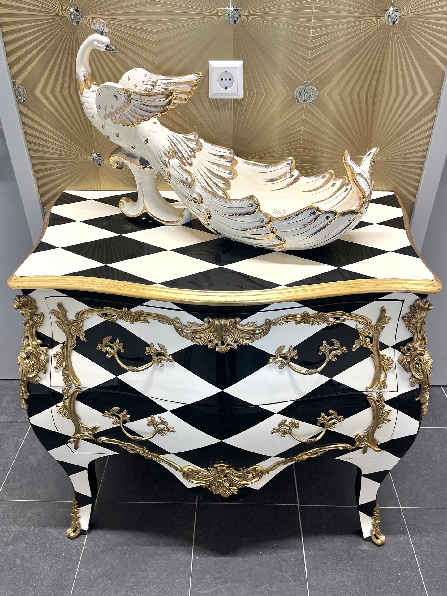 Chest of Drawer Middle Size French Louis Style in Black Diamond Print Retro Baroque Style Cabinet Inlaid 3 Drawer With Bronze Ornaments