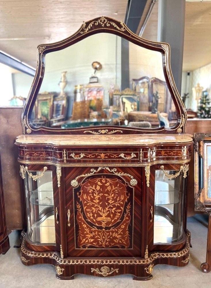 Mirror Glass Cabinet Wall Console in Nostalgic Antique Style with Marble Slab at Top Retro Baroque Style Wall Cabinet with Mirror