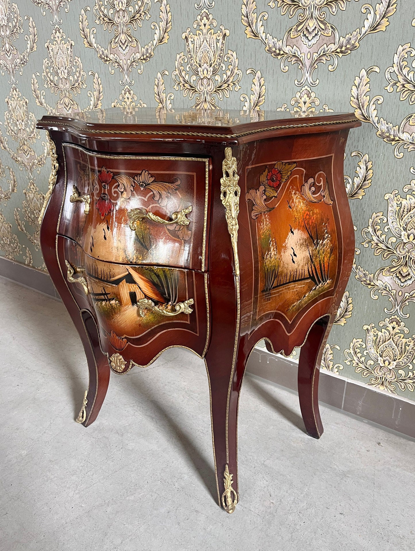 Chest of Drawer Set French Baroque Style Dresser & Night Stand Set Oil Paintings at Top Nostalgic Style Cabinet for Bedroom Decor