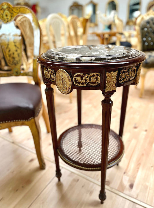 Round Side Table Brown Marble Top Royal Baroque Nostalgic French Style Wooden Table Round Marble in Brown