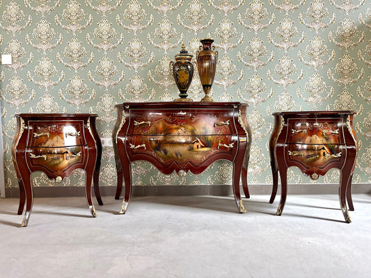 Chest of Drawer Set French Baroque Style Dresser & Night Stand Set Oil Paintings at Top Nostalgic Style Cabinet for Bedroom Decor