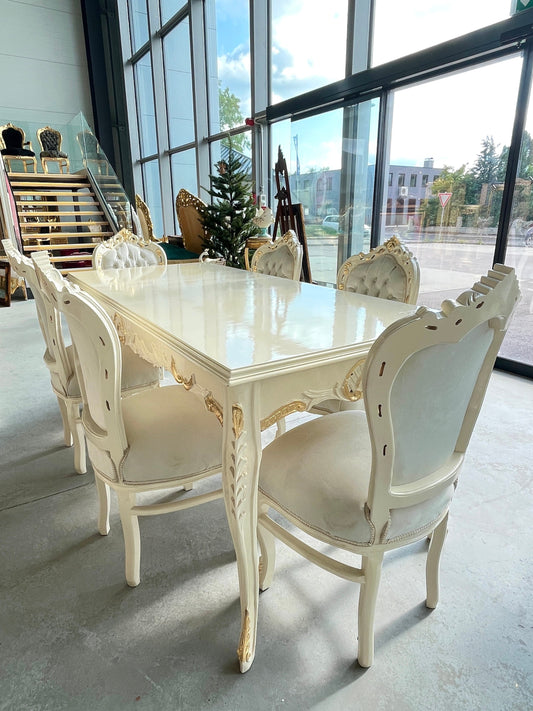 Dining Set French Baroque Style Wooden Table 195cm & 6 Chairs in Beige Color Painted Dining Set Gold Foil Decor for Lodge Room Dining Set