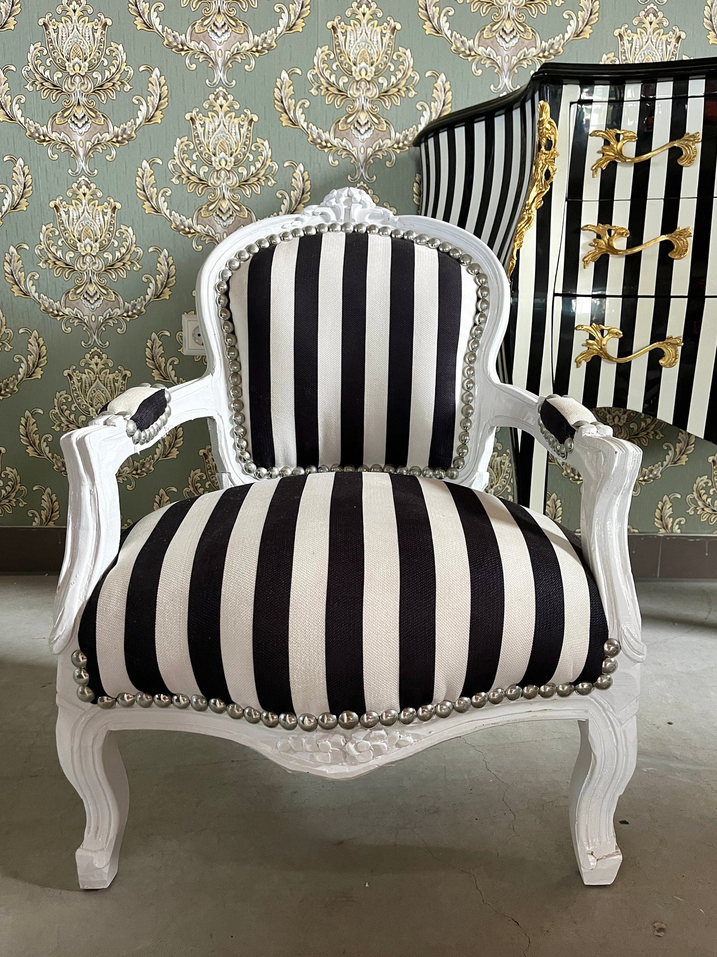 Kid’s Chair Retro Baroque Rococo Style Armchair in Black Stripe French Louis Style Cute Kid’s Chair