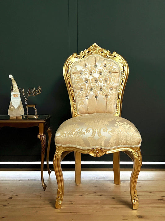 Accent Chair Beige Jacquard Fabric French Baroque Chair Rococo Style Chair Antique Style Reproduction Dining Chair Beige Jacquard Fabric