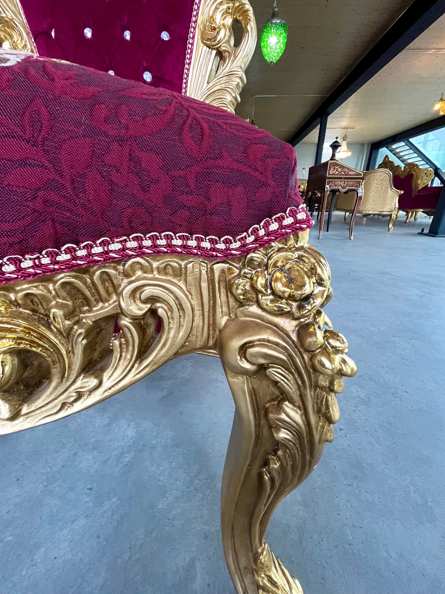 King Throne Red Deluxe Huge Armchair in Bordeaux Embroidery Seated Gold Finish
