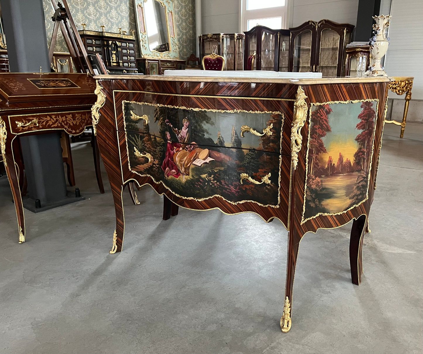 Sink Cabinet French Antique Style  Handpainted Oil Painting Surface Retro Baroque Style Home Decor with Ceramic Sink Top for Bathroom Decor