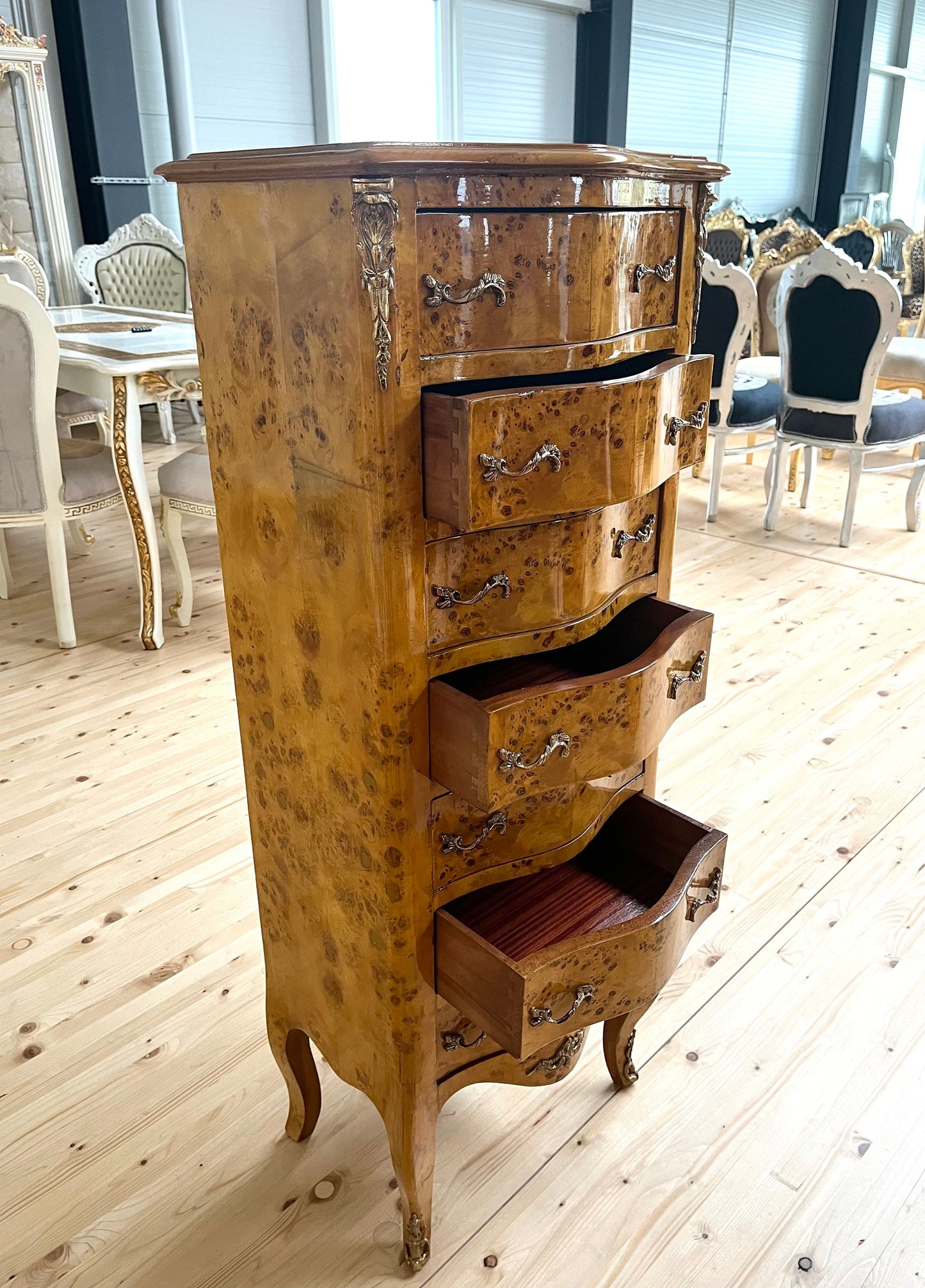 Hohe Kommode im Barockstil - Glänzend /Tall Chest of Drawer French Baroque Style in Yellow 7 Drawers Cabinet for Home Decor or Shop Display