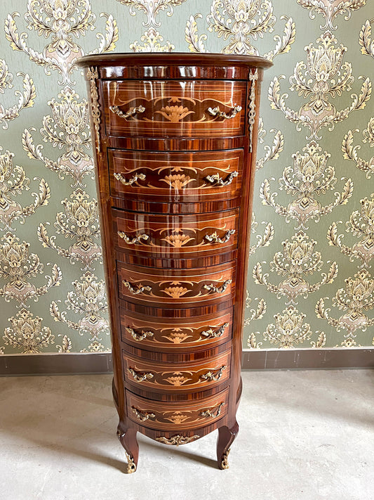 Chest of Drawer Retro Baroque Style Tall Round Kommode with 7 Drawers Home Decor Round Wooden Cabinet Drawer Antique Style
