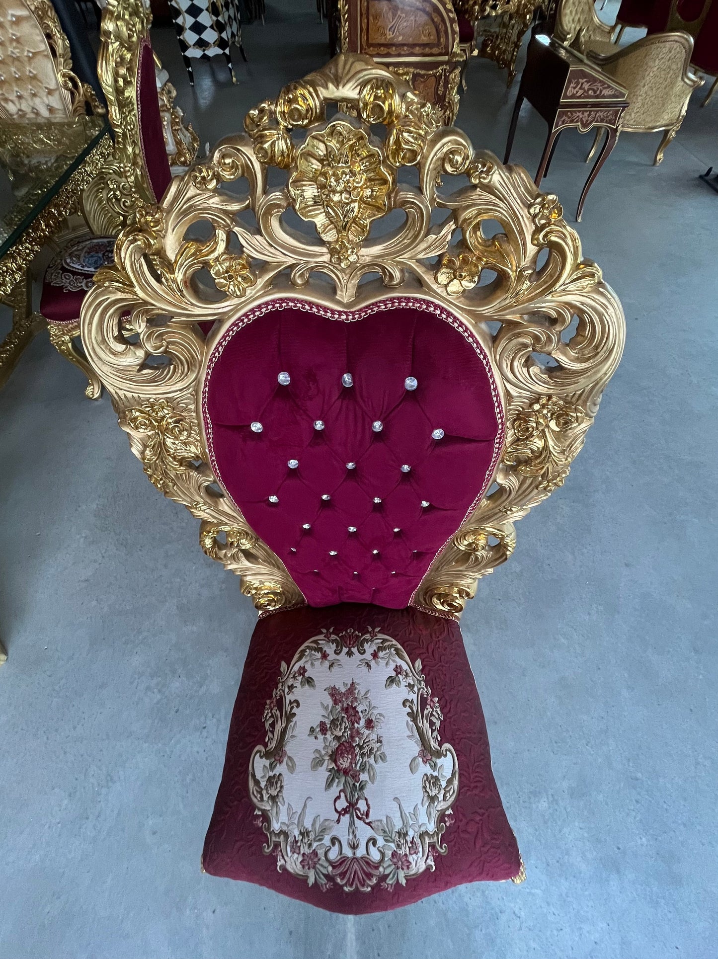 King Throne Red Deluxe Huge Armchair in Bordeaux Embroidery Seated Gold Finish