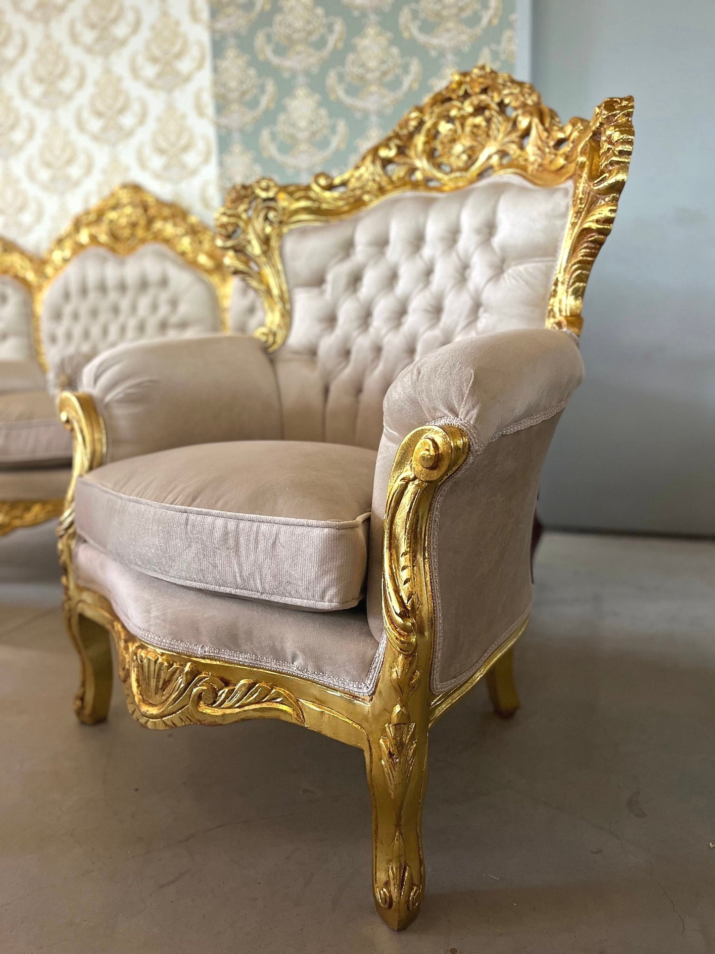 Sofa Set French Louis XV Style Tufted Velvet Beige Color in Gold Finish Marble Top Coffee Table Retro Baroque Style Sofa Set