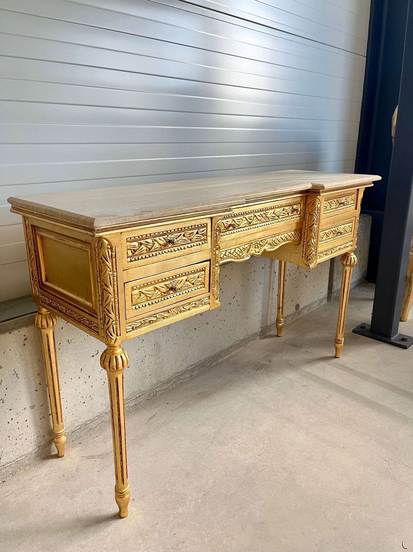 Mirror and Desk Set French Antique Style with Marble Slab Top Wooden Table Baroque Rococo Style in Gold Finish for Home Decor