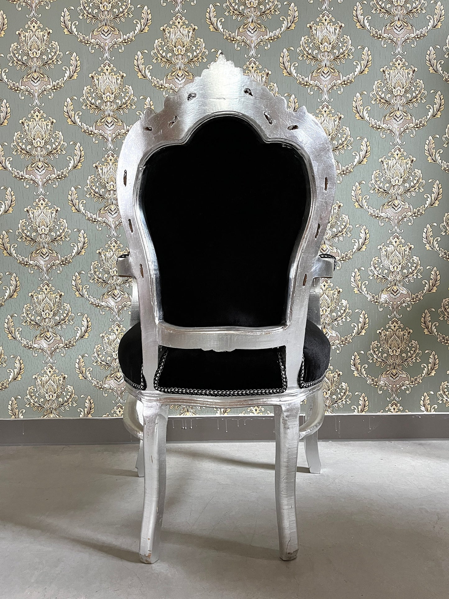 Armchair French Louis Style Black Velvet Chair Antique Style Baroque Rococo Style Armchair in Silver Finish Velvet Black for Home