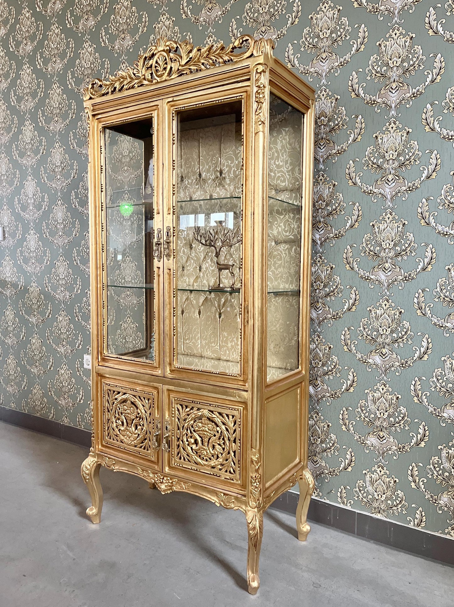 Gold Display Cabinet Retro French Antique Style Showcase in Gold Finish Baroque Rococo Style Glass Cupboard Handmade for Holiday Home Decor