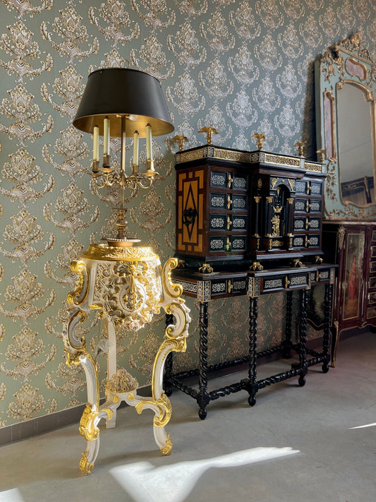 Deluxe Column French Baroque Style with Marble Slab Top Royal Home Decor Column in Gold Finish and Beige Marble