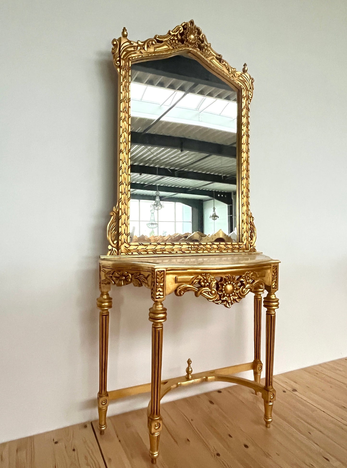 Mirror Table Console Retro Baroque Style with Marble Slab Top Handmade Wooden Table in Gold Finish