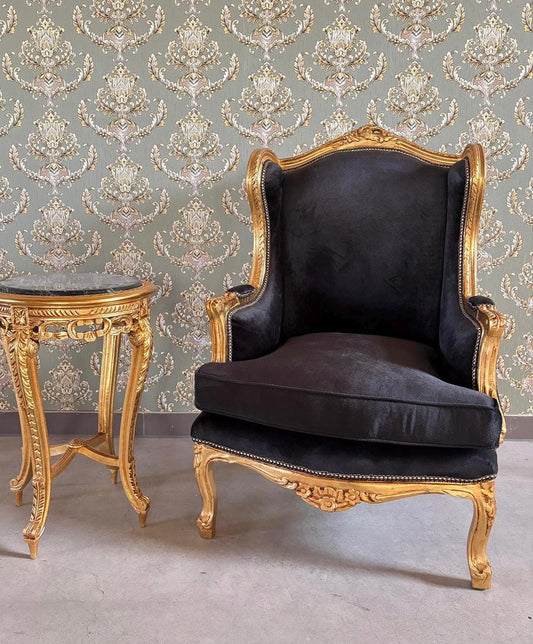 Accent Armchair Retro Baroque Rococo Style Black Velvet Chair in Gold Finish For Holiday Decor