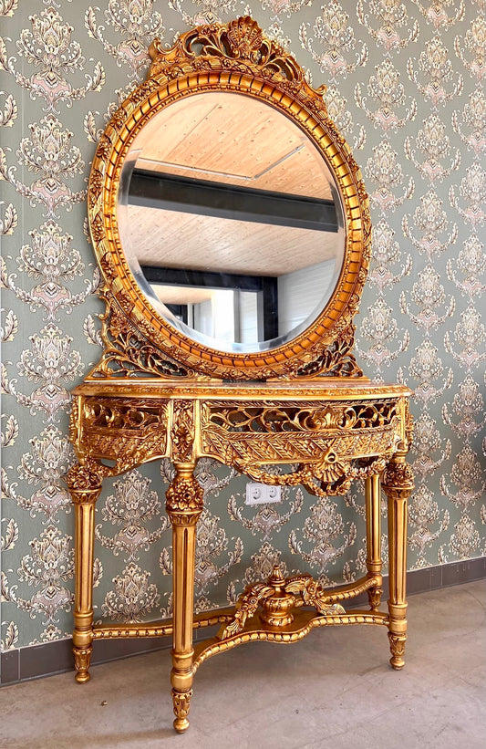Console Table & Round Mirror Royal Baroque Antique Style Console Table Marble Top in Gold Finish for Villa House Hotel Lobby Decor