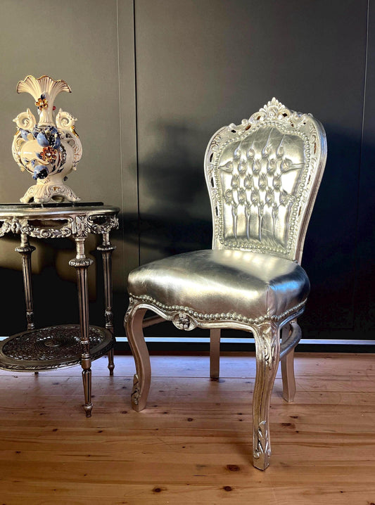 Accent Chair French Louis Style Dining Chair in Silver Finish Antique Style Chair Baroque Rococo Style Chair in Silver