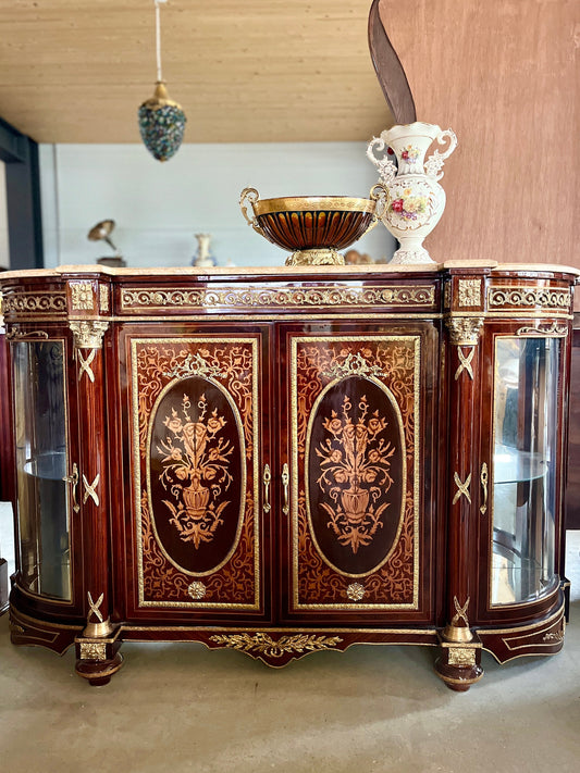Wooden Cabinet in Nostalgic French Antique Style with Marble Slab at Top Display Cabinet Retro Baroque Style Glass Showcase Cabinet