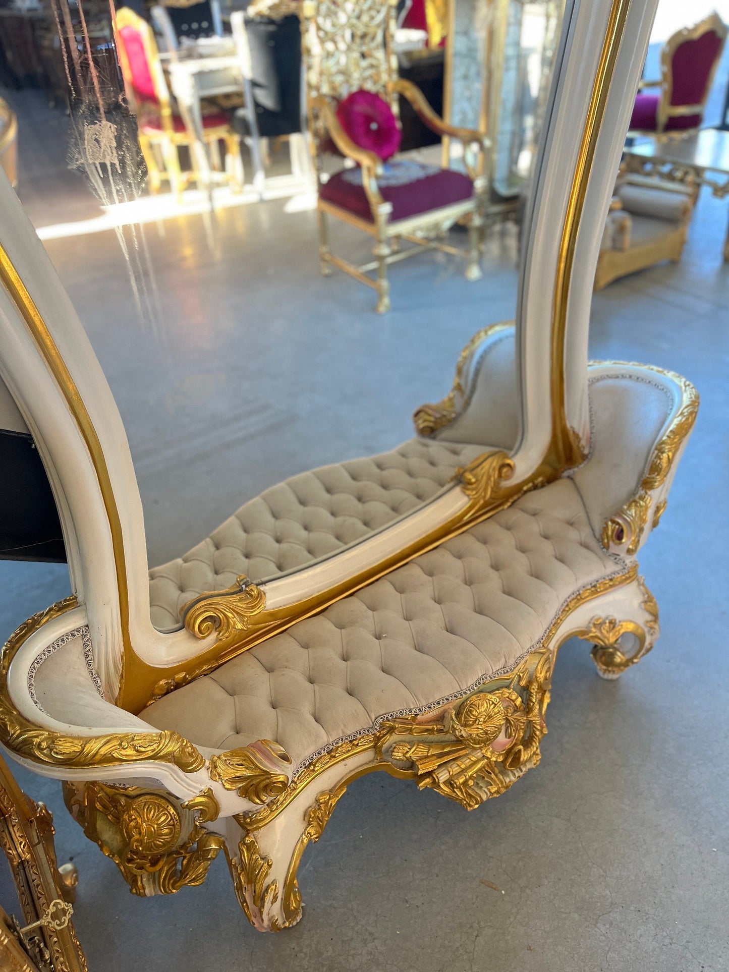 Wall Mirror & Bench Set Retro Baroque Rococo Style in Gold Finish Huge Mirror with Beige Velvet Bench Set for Commercial Lobby