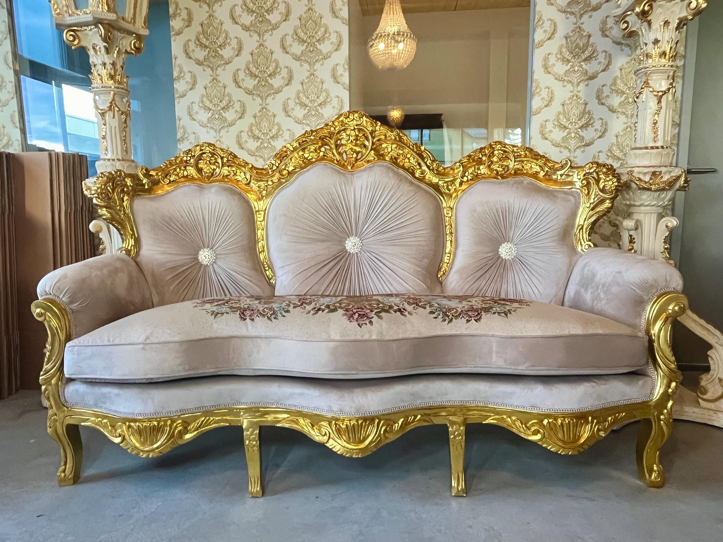 Sofa Set Louis XV Style in Beige Velvet Gold Finish Retro Baroque Rococo Style Couch Set for Living Room for Hotel Lobby Decor