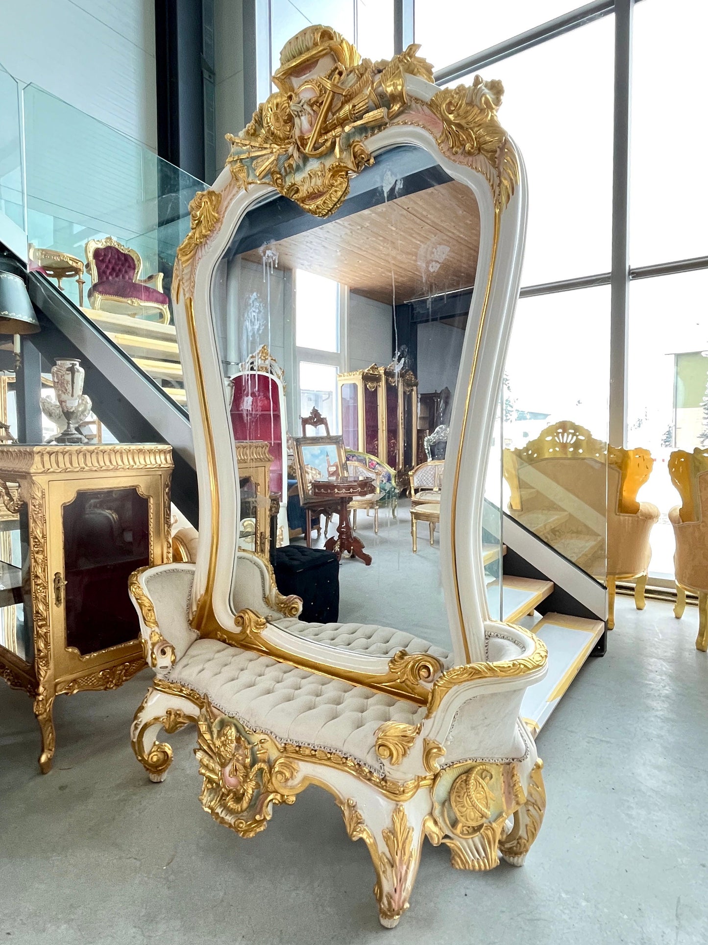 Wall Mirror & Bench Set Retro Baroque Rococo Style in Gold Finish Huge Mirror with Beige Velvet Bench Set for Commercial Lobby