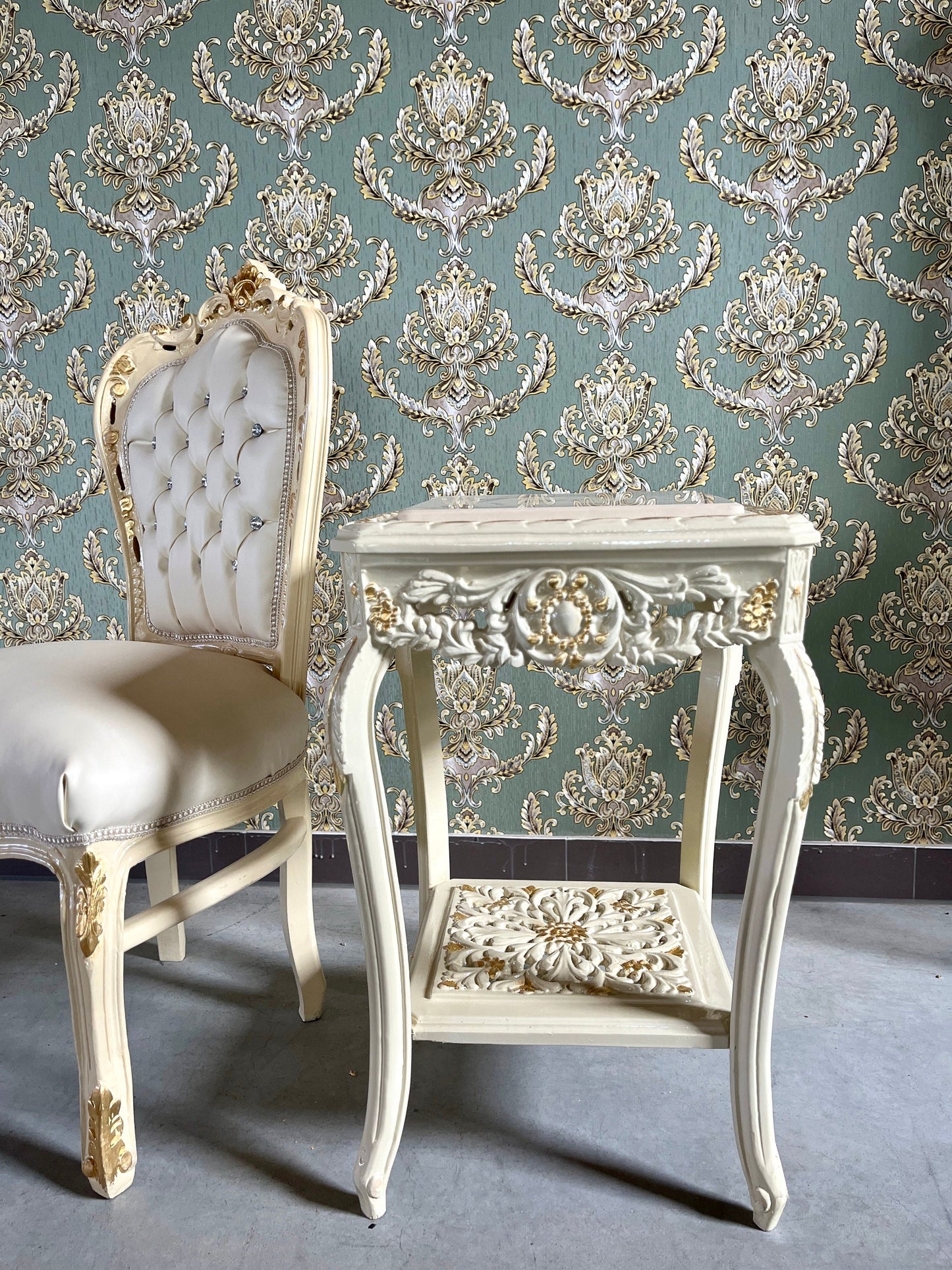 Square Side Table Marble Top in Retro Baroque Rococo Style in Beige or Gold Finish