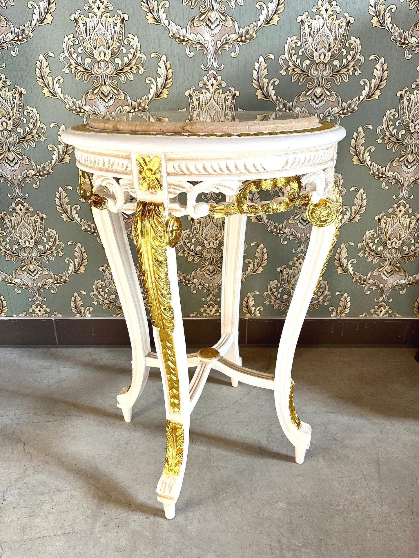 Side Table French Baroque Style with Marble Top Lamp Table Coffee Table Retro Antique Style White Finish Beige Marble for Home Decor